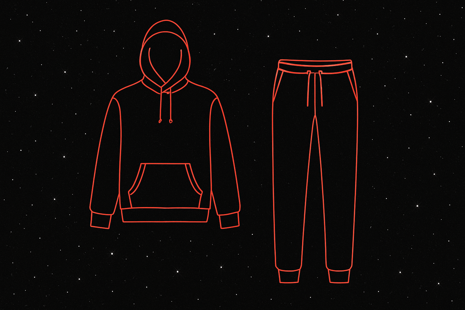 Quiero que se vea un fondo negro de estrellas, con una sudadera rojo y un pantalon rojo, pero sin estar rellenas solo la silueta